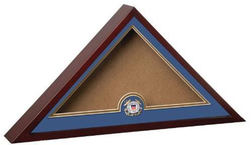 Elegant mahogany display case for US Coast Guard burial flag with glass insert and medallion.