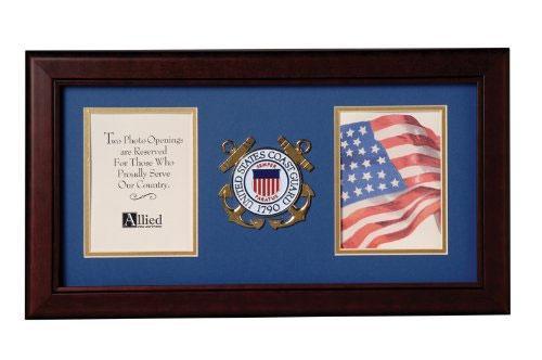 US Coast Guard Medallion Double Picture Frame with blue matting and gold trim, holding two 4x6 photos.