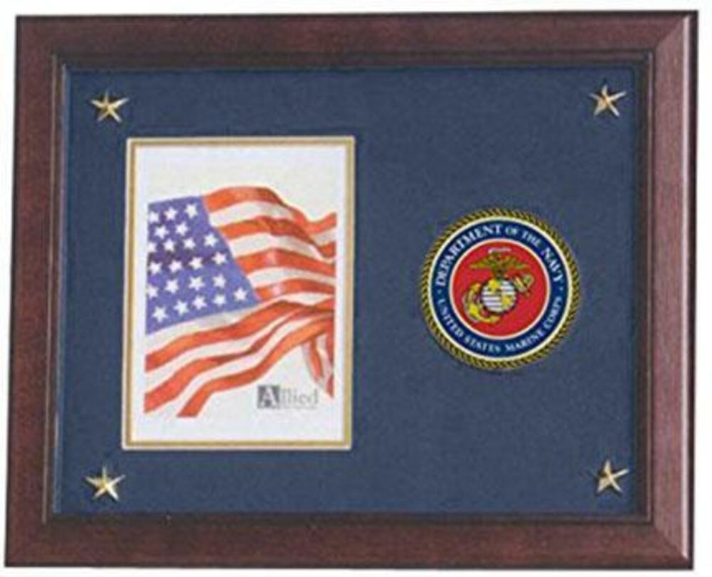 U.S. Marine Corps picture frame with a large medallion and golden plated stars, showcasing a 5x7 photo opening.