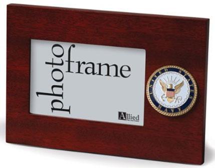 U.S. Navy Medallion Desktop Picture Frame made of mahogany wood, featuring a 4x6 photo opening and a die-cast Navy medallion.