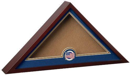 Elegant mahogany burial flag display case with glass insert and patriotic medallion.