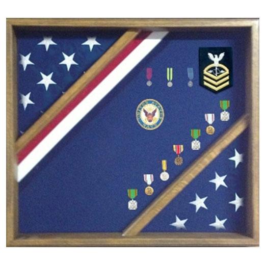 Handcrafted wooden flag display box in red, white, and blue, designed to hold 3' x 5' or 5' flags, showcasing military memorabilia.