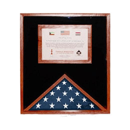 Elegant black flag display case made from US hardwood, showcasing a 3x5 foot flag and an 8.5x11 inch document holder.