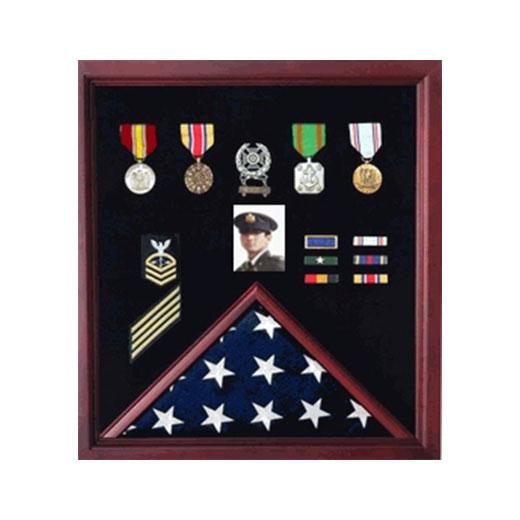 Elegant Flag Display Case in black or red, showcasing medals and photos, perfect for honoring military service.