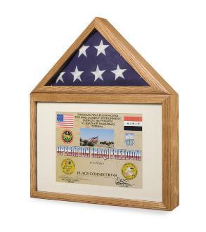 Elegant flag display case showcasing a 3'x5' flag, medals, and certificates, made from durable hardwood with a glass front.