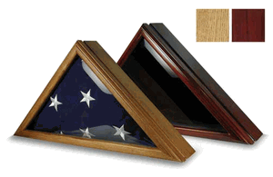 Elegant wood flag display case for 5' x 9.5' flags with beveled glass front and hinged lid.