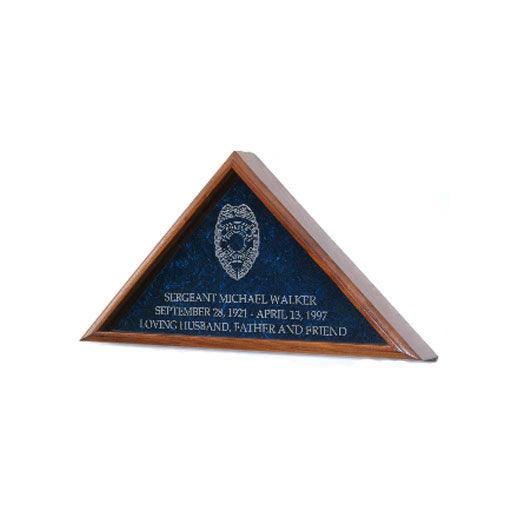 Flag Display Case for Police Officer made of solid wood with glass front and engraved police badge, designed for 5'x9.5' burial flags.