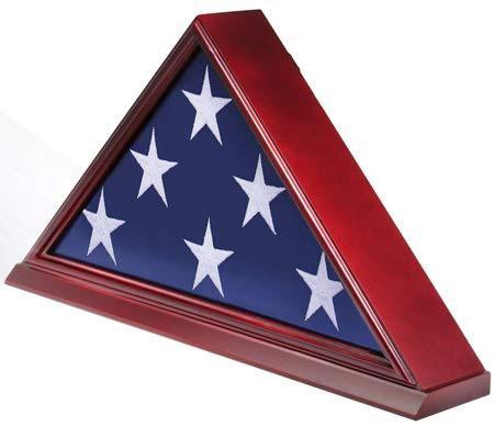 Cherry finish flag display case frame stand showcasing a 5' flag, featuring glass cover and matted interior for protection.