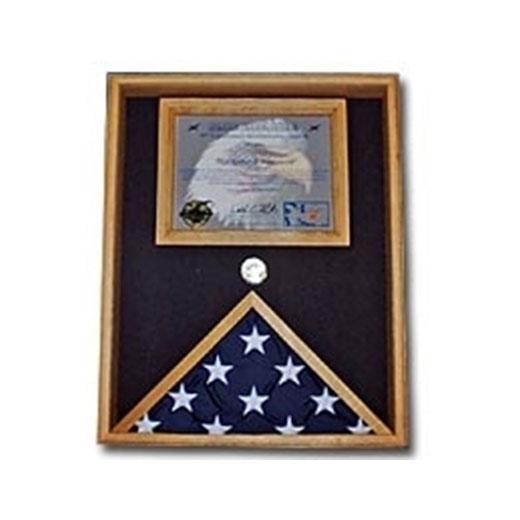 Elegant oak flag display case showcasing a 3x5 foot flag and document holder.