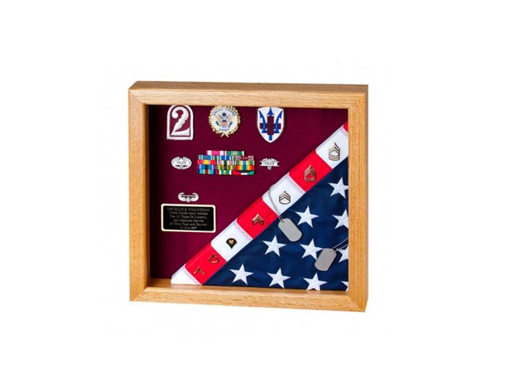 Elegant Flag Display Case showcasing a memorial flag and military awards in various finishes.