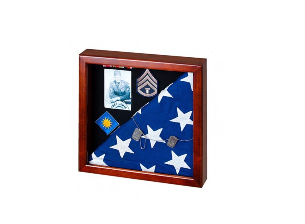 Elegant Flag Display Case showcasing a memorial flag and military awards in various finishes.