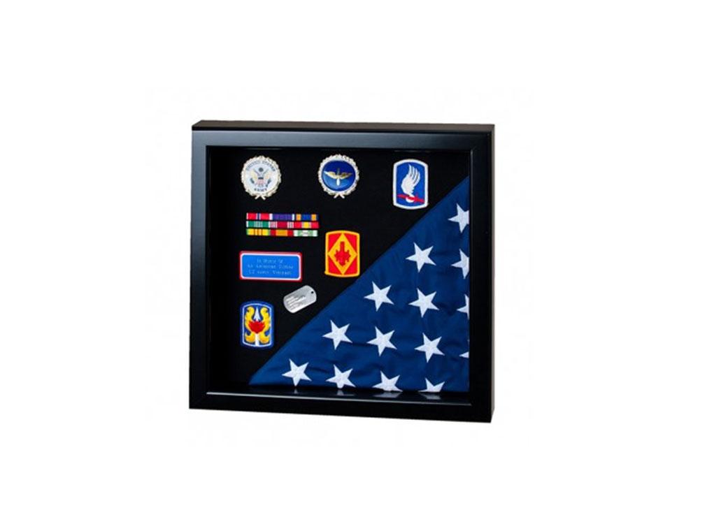 Elegant Flag Display Case showcasing a memorial flag and military awards in various finishes.