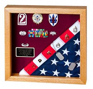 Elegant Flag Display Case showcasing a memorial flag and military awards in various finishes.