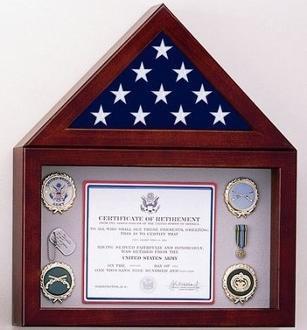 Flag Display Case with a 10" high Shadow Box in Cherry finish, showcasing a 3x5 American flag and memorabilia.