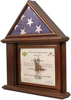 Flag Display Case with Certificate Holder, showcasing a 3' x 5' flag and memorabilia in a walnut frame with glass front.