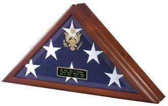 Front opening flag display case made of solid wood with beveled glass, showcasing a memorial flag.