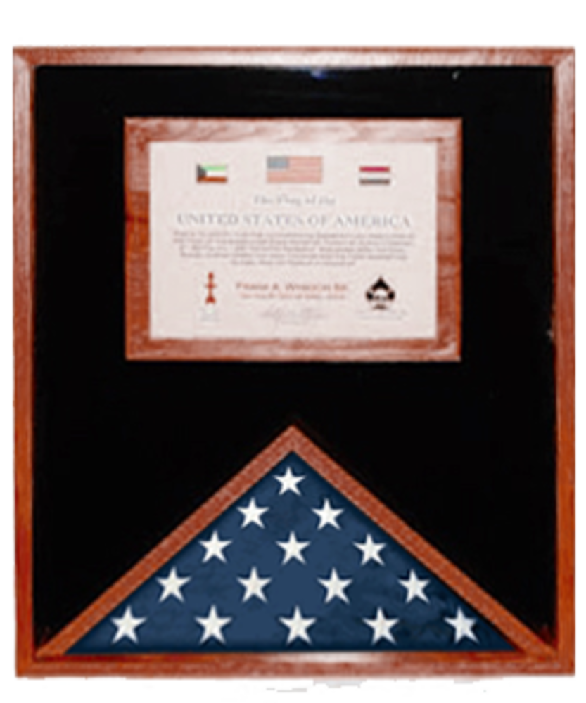 Elegant Flag Display Case made from US hardwood, showcasing a 3x5 flag and document holder with glass front.