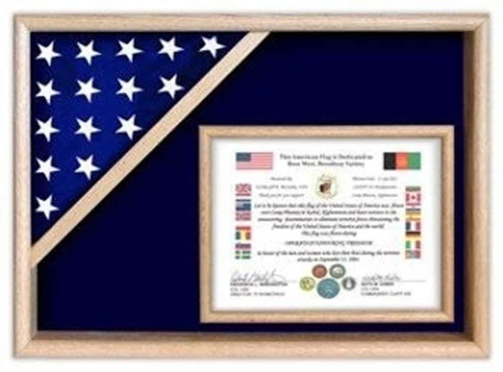 Certificate Flag Oak Shadow Box displaying a 3x5 flag, crafted from premium oak wood with a glass front for visibility.