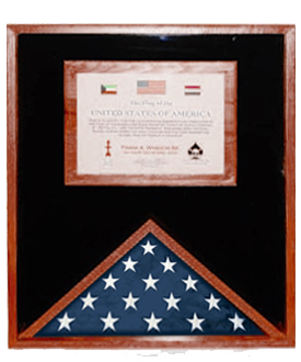 Elegant cherry wood flag display case with certificate holder, showcasing a 3' x 5' flag and an 8.5" x 11" document.