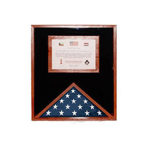 Elegant cherry wood flag display case with document holder, showcasing a 3' x 5' flag and an 8.5" x 11" certificate.