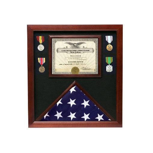 Handcrafted cherry wood flag and document display case made by veterans, showcasing a 3x5 flag and an 8.5x11 document.