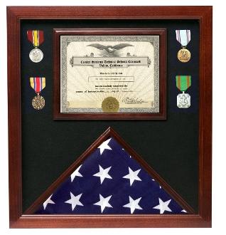 Handcrafted wooden flag and document display case made by veterans, featuring a rich cherry stain and luxurious black felt backing.