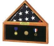 Black felt flag and medal display case combo showcasing a folded flag and medals, crafted from walnut, cherry, and oak wood.