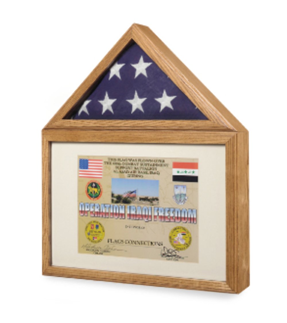 Flag Medal Display Case in cherry finish showcasing a military flag and medals, featuring a glass front and secure closures.