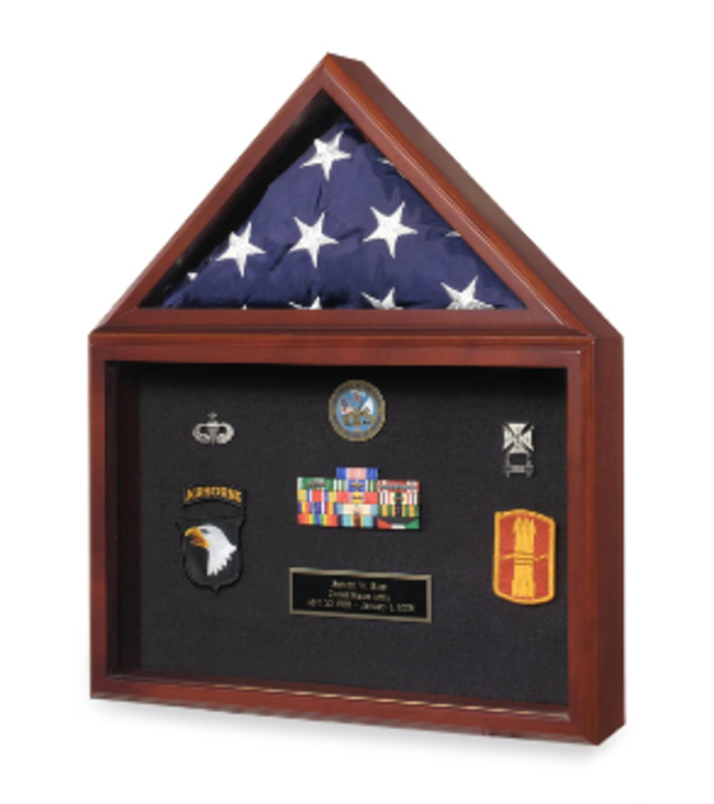 Flag Medal Display Case in cherry finish showcasing a military flag and medals, featuring a glass front and secure closures.