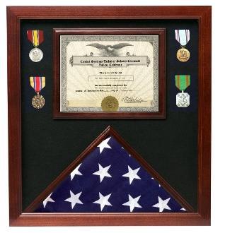 Elegant flag medal display case made of solid oak with a cherry stain, showcasing a flag and retirement certificate.