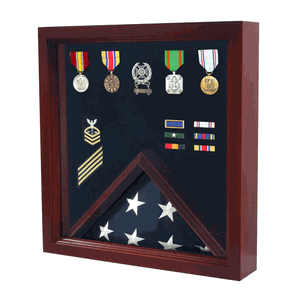 Elegant cherry wood Flag and Medal Display Case with black felt lining, showcasing military medals and a folded flag.