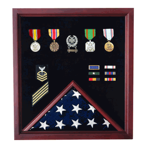 Elegant wooden flag and medal display case with cherry finish, showcasing medals and a folded flag.