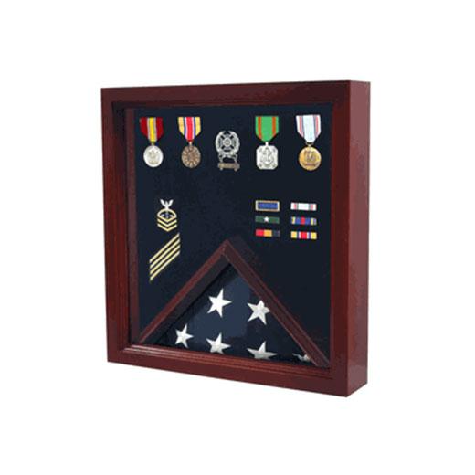 Elegant cherry wood Flag Medal Display Case showcasing military medals and a folded flag.