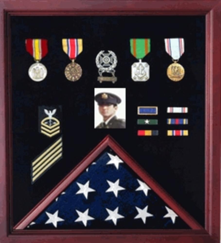 Elegant Flag Photo and Badge Display Case holding a folded 3' x 5' flag and medals, showcasing military honors.