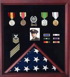 Cherry wood Flag Photo and Badge Display Case showcasing a 3 x 5 flag and medals, elegantly crafted for honoring military service.