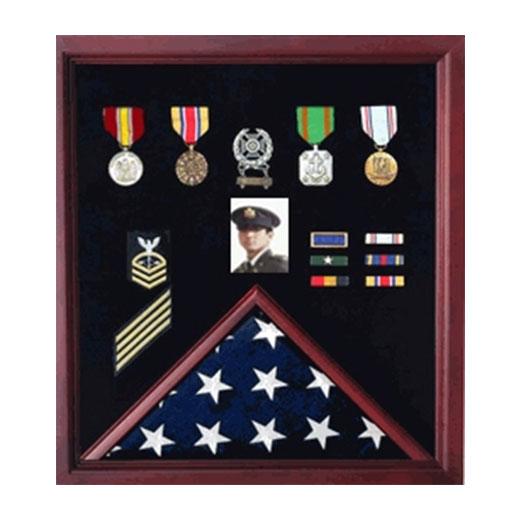 Cherry wood flag photo and badge display case showcasing a 3x5 American flag and military medals.