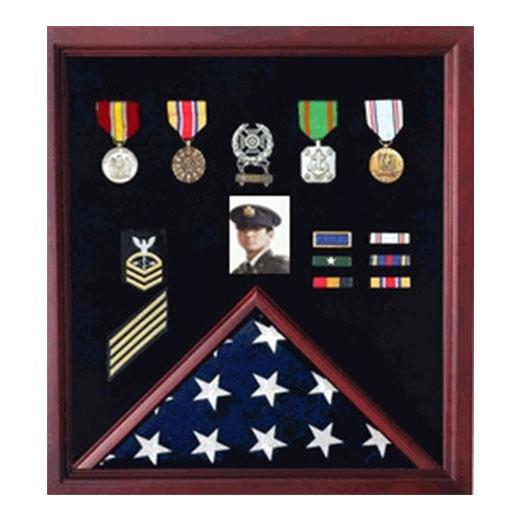 Flag Photo and Badge Display Case in Oak, Cherry, Walnut, or Black finishes, showcasing a folded flag and medals.