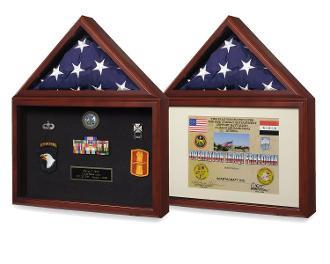 Elegant flag and certificate display case with glass front, showcasing a 3x5 flag and an 8.5x11 certificate.