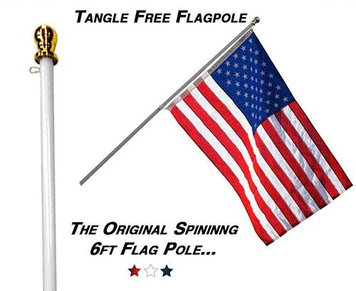 6ft Tangle Free Spinning Flagpole made of brushed aluminum, designed for residential and commercial use, showcasing a flag in a gentle breeze.