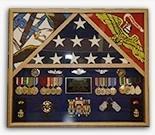 3 Flag Military Shadow Box displaying three flags with a wooden frame and customizable background options.