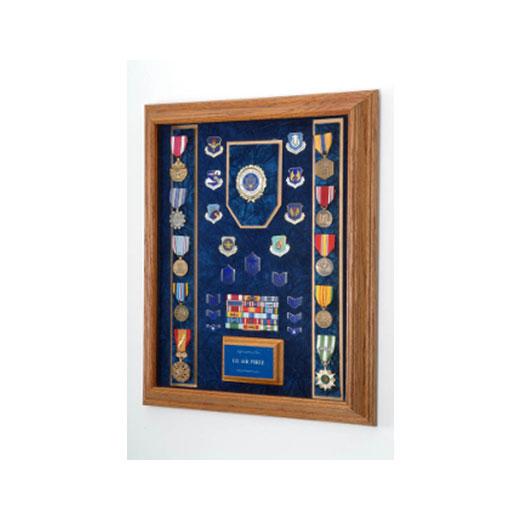 Flags Connections Air Force Awards Display Case in red, blue, and green with medals and ribbons displayed on crushed velvet.