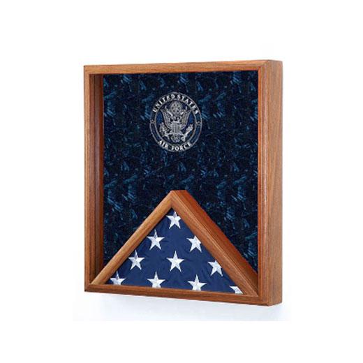 Air Force Flag Display Case made of solid oak or walnut, featuring a glass front and embossed service emblem, designed to hold a 3x5 flag.