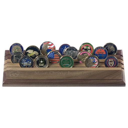 American Made 4-Row Coin Rack made from solid hardwoods and military shell casings, showcasing coins elegantly.