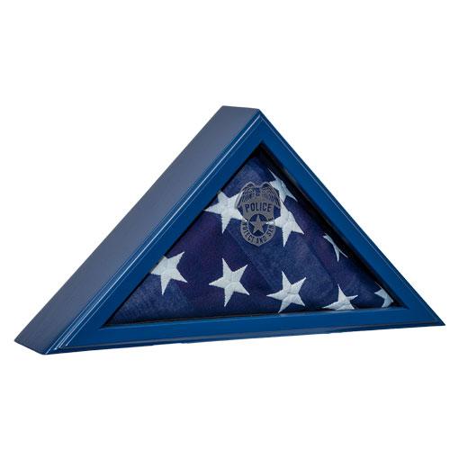 Handcrafted Police Blue First Responder Flag Case made from solid hardwood, designed for 3' x 5' flags with personalization options.