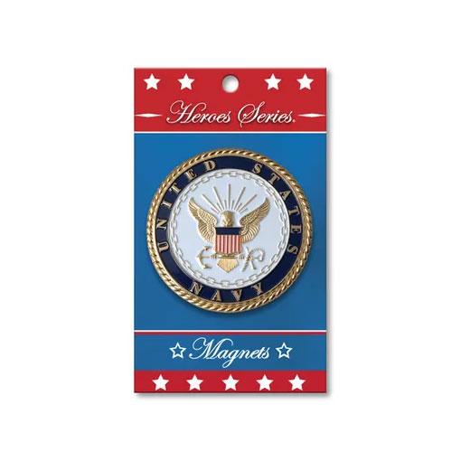 Gold-plated Navy Medallion Small Magnet from Flags Connections, honoring US armed forces and first responders.