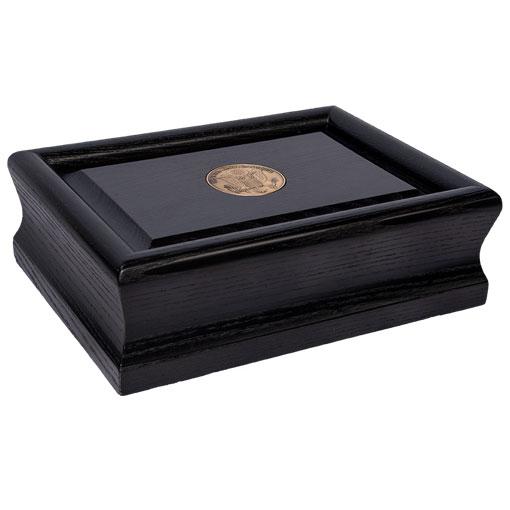 Patriot Urn in black finish, crafted from solid American hardwoods, featuring a brass medallion for Coast Guard veterans.