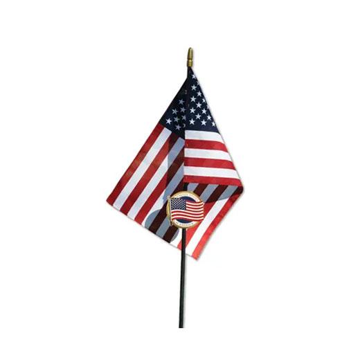 Gold-plated U.S. Flag Grave Marker from the Heroes Series, featuring a medallion and sturdy stake for graveside memorials.