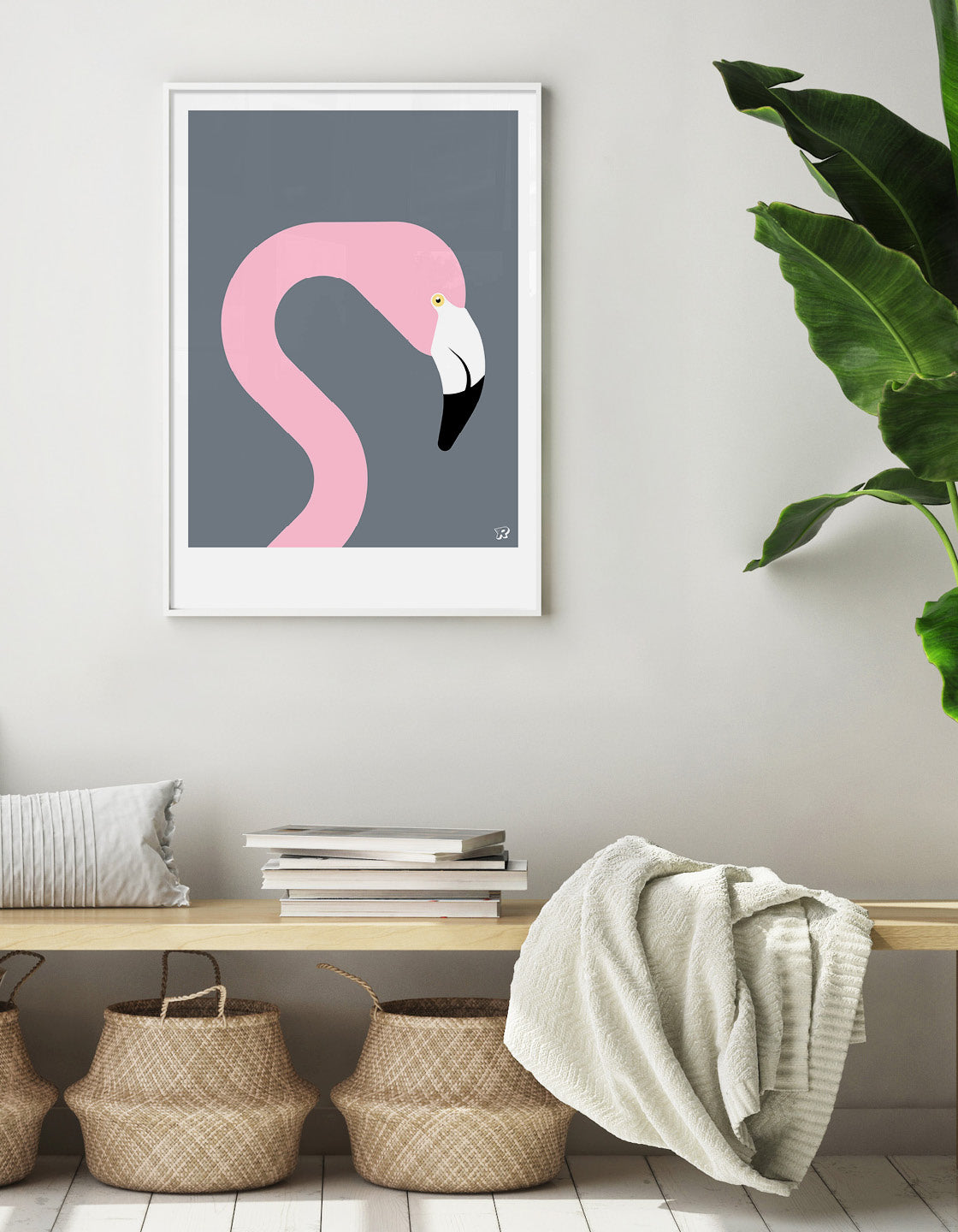 A vibrant flamingo wall art piece featuring bold colors, perfect for enhancing home decor.