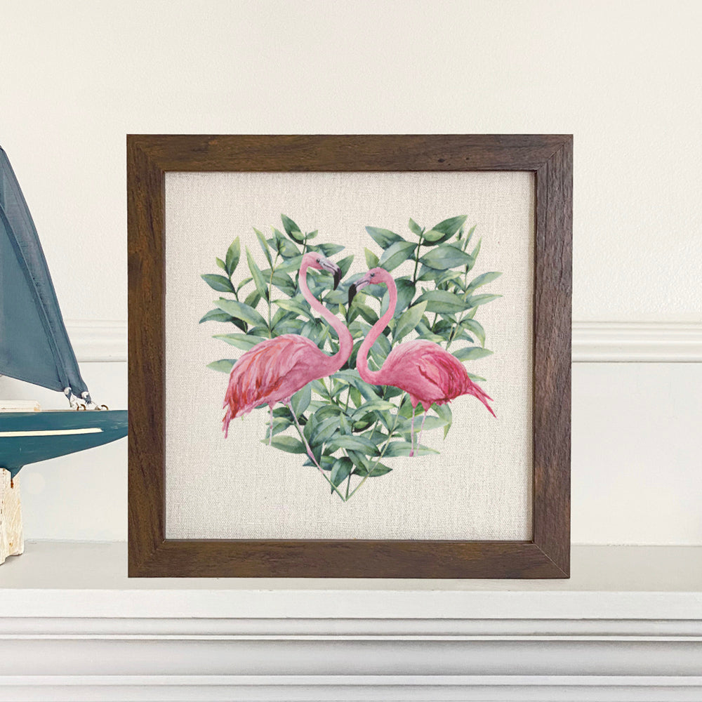 Flamingo Heart Framed Sign with a linen-look background and wooden frame options.