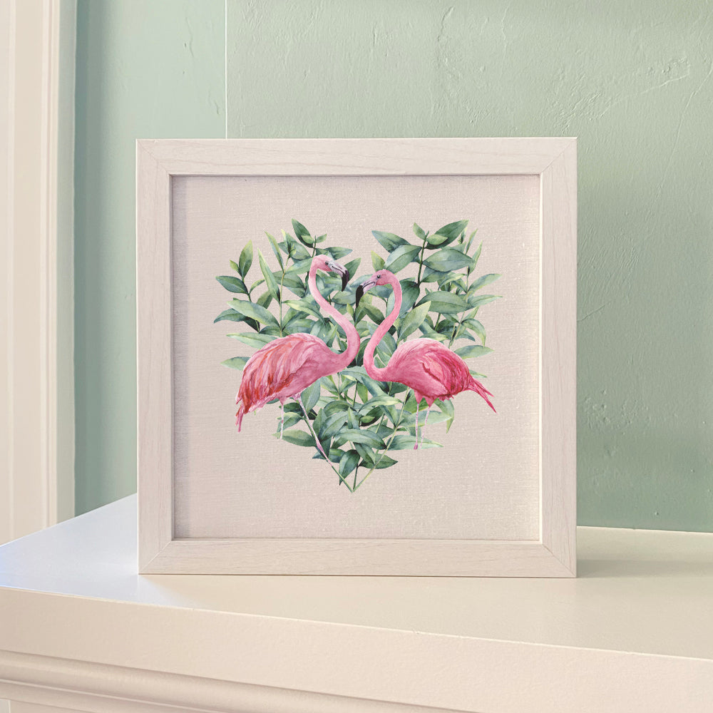 Flamingo Heart Framed Sign with a linen-look background and wooden frame options.